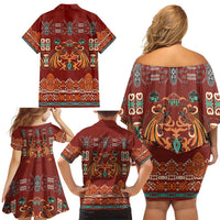 Oxblood Batik Papua-inspired Pattern Family Matching Off Shoulder Short Dress and Hawaiian Shirt LT9 - Polynesian Pride