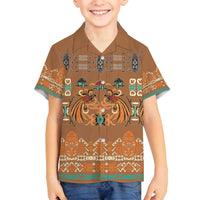 Terracotta Batik Papua-inspired Pattern Family Matching Off Shoulder Short Dress and Hawaiian Shirt LT9 Son's Shirt Gold - Polynesian Pride
