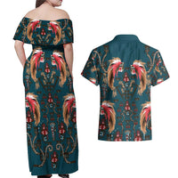 Dark Cyan Blue Bird of Batik Papua Couples Matching Off Shoulder Maxi Dress and Hawaiian Shirt Exotic Natural Wealth of Papua LT9 - Polynesian Pride