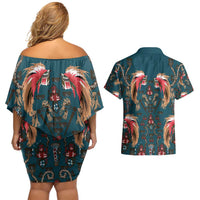 Dark Cyan Blue Bird of Batik Papua Couples Matching Off Shoulder Short Dress and Hawaiian Shirt Exotic Natural Wealth of Papua LT9 - Polynesian Pride