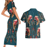 Dark Cyan Blue Bird of Batik Papua Couples Matching Short Sleeve Bodycon Dress and Hawaiian Shirt Exotic Natural Wealth of Papua LT9 - Polynesian Pride
