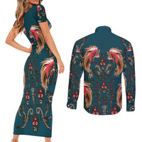 Dark Cyan Blue Bird of Batik Papua Couples Matching Short Sleeve Bodycon Dress and Long Sleeve Button Shirt Exotic Natural Wealth of Papua LT9 - Polynesian Pride