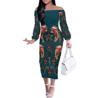 Dark Cyan Blue Bird of Batik Papua Family Matching Off The Shoulder Long Sleeve Dress and Hawaiian Shirt Exotic Natural Wealth of Papua LT9 Mom's Dress Blue - Polynesian Pride