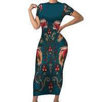 Dark Cyan Blue Bird of Batik Papua Family Matching Short Sleeve Bodycon Dress and Hawaiian Shirt Exotic Natural Wealth of Papua LT9 Mom's Dress Blue - Polynesian Pride