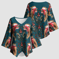 Dark Cyan Blue Bird of Batik Papua Kimono Sleeve Blouse Exotic Natural Wealth of Papua LT9 - Polynesian Pride