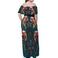 Dark Cyan Blue Bird of Batik Papua Off Shoulder Maxi Dress Exotic Natural Wealth of Papua LT9 - Polynesian Pride
