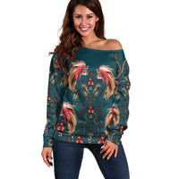 Dark Cyan Blue Bird of Batik Papua Off Shoulder Sweater Exotic Natural Wealth of Papua LT9 Women Blue - Polynesian Pride