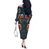 Dark Cyan Blue Bird of Batik Papua Off The Shoulder Long Sleeve Dress Exotic Natural Wealth of Papua LT9 - Polynesian Pride