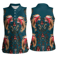 Dark Cyan Blue Bird of Batik Papua Women Sleeveless Polo Shirt Exotic Natural Wealth of Papua LT9 - Polynesian Pride