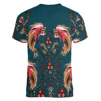 Dark Cyan Blue Bird of Batik Papua Women V-Neck T-Shirt Exotic Natural Wealth of Papua LT9 - Polynesian Pride