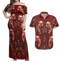 Oxblood Bird of Batik Papua Couples Matching Off Shoulder Maxi Dress and Hawaiian Shirt Exotic Natural Wealth of Papua LT9 Red - Polynesian Pride