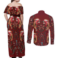 Oxblood Bird of Batik Papua Couples Matching Off Shoulder Maxi Dress and Long Sleeve Button Shirt Exotic Natural Wealth of Papua LT9 - Polynesian Pride