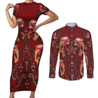 Oxblood Bird of Batik Papua Couples Matching Short Sleeve Bodycon Dress and Long Sleeve Button Shirt Exotic Natural Wealth of Papua LT9 Red - Polynesian Pride
