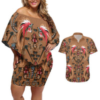 Terracotta Bird of Batik Papua Couples Matching Off Shoulder Short Dress and Hawaiian Shirt Exotic Natural Wealth of Papua LT9 Gold - Polynesian Pride