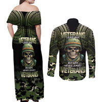 Veterans Day Couples Matching Off Shoulder Maxi Dress and Long Sleeve Button Shirt War Never Leaves A Veteran Proud Military LT9 - Polynesian Pride