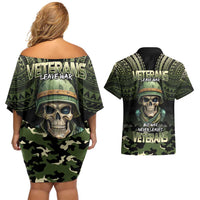 Veterans Day Couples Matching Off Shoulder Short Dress and Hawaiian Shirt War Never Leaves A Veteran Proud Military LT9 - Polynesian Pride
