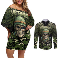 Veterans Day Couples Matching Off Shoulder Short Dress and Long Sleeve Button Shirt War Never Leaves A Veteran Proud Military LT9 Black - Polynesian Pride