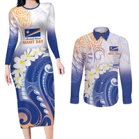 Marshall Islands Manit Day Couples Matching Long Sleeve Bodycon Dress and Long Sleeve Button Shirt Plumeria and Polynesian Tribal LT9 White - Polynesian Pride
