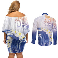 Marshall Islands Manit Day Couples Matching Off Shoulder Short Dress and Long Sleeve Button Shirt Plumeria and Polynesian Tribal LT9 - Polynesian Pride