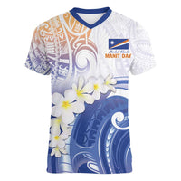 Marshall Islands Manit Day Women V-Neck T-Shirt Plumeria and Polynesian Tribal LT9 Female White - Polynesian Pride