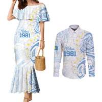 Palau 1981 Tribal Tattoo Couples Matching Mermaid Dress and Long Sleeve Button Shirt with Belau Plumeria Flowers LT9 White - Polynesian Pride
