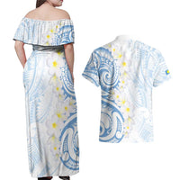 Palau 1981 Tribal Tattoo Couples Matching Off Shoulder Maxi Dress and Hawaiian Shirt with Belau Plumeria Flowers LT9 - Polynesian Pride