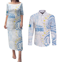 Palau 1981 Tribal Tattoo Couples Matching Puletasi and Long Sleeve Button Shirt with Belau Plumeria Flowers LT9 White - Polynesian Pride