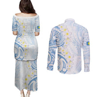 Palau 1981 Tribal Tattoo Couples Matching Puletasi and Long Sleeve Button Shirt with Belau Plumeria Flowers LT9 - Polynesian Pride