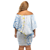 Palau 1981 Tribal Tattoo Off Shoulder Short Dress with Belau Plumeria Flowers LT9 - Polynesian Pride