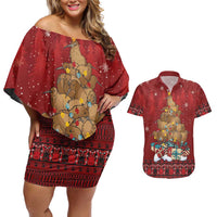 Funny Kiwi Bird Xmas Tree Couples Matching Off Shoulder Short Dress and Hawaiian Shirt New Zealand Tribal Christmas Spirit LT9 Red - Polynesian Pride
