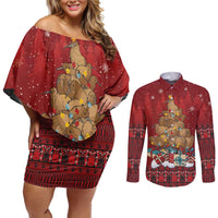 Funny Kiwi Bird Xmas Tree Couples Matching Off Shoulder Short Dress and Long Sleeve Button Shirt New Zealand Tribal Christmas Spirit LT9 Red - Polynesian Pride