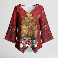 Funny Kiwi Bird Xmas Tree Kimono Sleeve Blouse New Zealand Tribal Christmas Spirit LT9 Female Red - Polynesian Pride