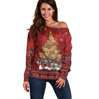 Funny Kiwi Bird Xmas Tree Off Shoulder Sweater New Zealand Tribal Christmas Spirit LT9 Women Red - Polynesian Pride