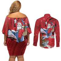 Funny Santa Riding Shark Couples Matching Off Shoulder Short Dress and Long Sleeve Button Shirt Polynesian Tribal Christmas Spirit LT9 - Polynesian Pride