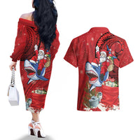 Funny Santa Riding Shark Couples Matching Off The Shoulder Long Sleeve Dress and Hawaiian Shirt Polynesian Tribal Christmas Spirit LT9 - Polynesian Pride