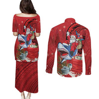 Funny Santa Riding Shark Couples Matching Puletasi and Long Sleeve Button Shirt Polynesian Tribal Christmas Spirit LT9 - Polynesian Pride