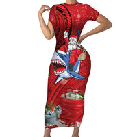 Funny Santa Riding Shark Family Matching Short Sleeve Bodycon Dress and Hawaiian Shirt Polynesian Tribal Christmas Spirit LT9 Mom's Dress Red - Polynesian Pride