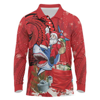 Funny Santa Riding Shark Long Sleeve Polo Shirt Polynesian Tribal Christmas Spirit LT9 Red - Polynesian Pride
