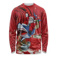 Funny Santa Riding Shark Long Sleeve Shirt Polynesian Tribal Christmas Spirit LT9 Unisex Red - Polynesian Pride