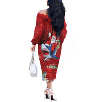 Funny Santa Riding Shark Off The Shoulder Long Sleeve Dress Polynesian Tribal Christmas Spirit LT9 - Polynesian Pride