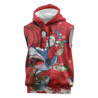 Funny Santa Riding Shark Sleeveless Hoodie Polynesian Tribal Christmas Spirit LT9 Red - Polynesian Pride