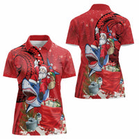 Funny Santa Riding Shark Women Polo Shirt Polynesian Tribal Christmas Spirit - Polynesian Pride