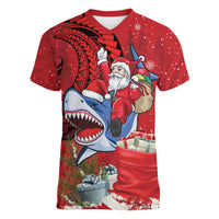 Funny Santa Riding Shark Women V-Neck T-Shirt Polynesian Tribal Christmas Spirit LT9 Female Red - Polynesian Pride