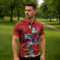 Funny Santa Riding Shark Zipper Polo Shirt Polynesian Tribal Christmas Spirit LT9 - Polynesian Pride