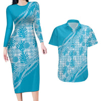 Hawaii Breadfruit Palaka Couples Matching Long Sleeve Bodycon Dress and Hawaiian Shirt Polu Maile Lei LT9 Blue - Polynesian Pride