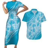 Hawaii Breadfruit Palaka Couples Matching Short Sleeve Bodycon Dress and Hawaiian Shirt Polu Maile Lei LT9 Blue - Polynesian Pride