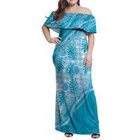 Hawaii Breadfruit Palaka Family Matching Off Shoulder Maxi Dress and Hawaiian Shirt Polu Maile Lei LT9 Mom's Dress Blue - Polynesian Pride
