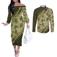 Hawaii Breadfruit Palaka Couples Matching Off The Shoulder Long Sleeve Dress and Long Sleeve Button Shirt Omaomao Maile Lei LT9 Green - Polynesian Pride
