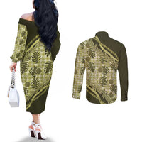 Hawaii Breadfruit Palaka Couples Matching Off The Shoulder Long Sleeve Dress and Long Sleeve Button Shirt Omaomao Maile Lei LT9 - Polynesian Pride