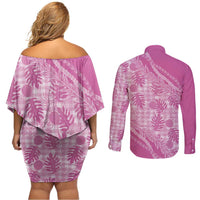 Hawaii Breadfruit Palaka Couples Matching Off Shoulder Short Dress and Long Sleeve Button Shirt Omaomao Ulaula Maile Lei - Polynesian Pride